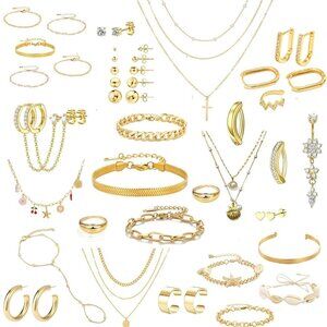 Gold Jewelry Set for Women,53 PC Gold Plated Jewelry Set with 9 Necklace, 9 Brac